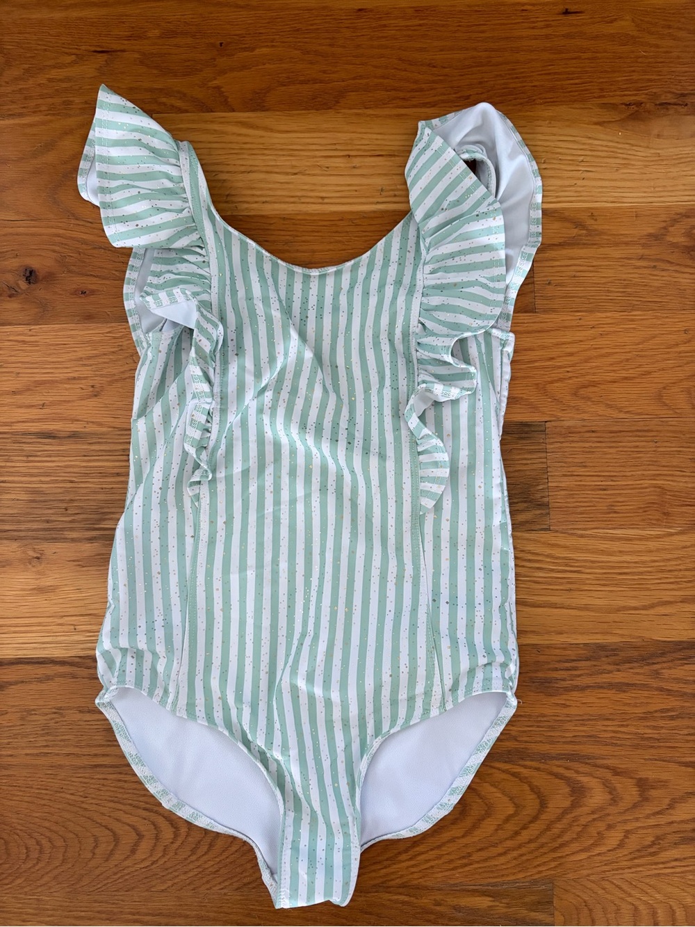 Girls Mint Stripe Ruffle One-Piece Swimsuit